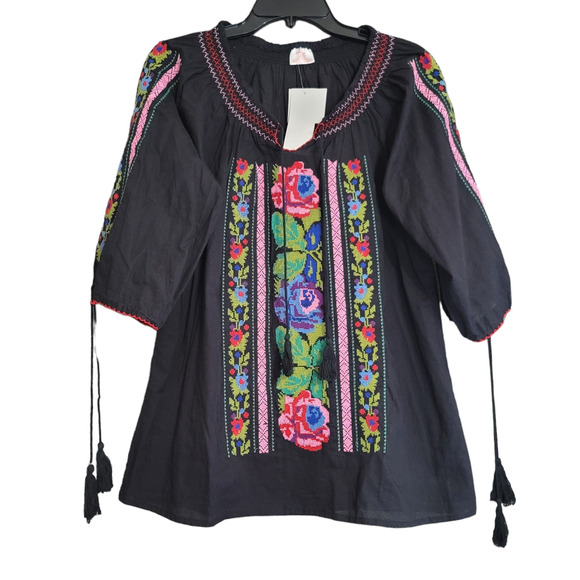 Star India Tops - Star India Boho Black Embroidered Floral Tassel Cotton Three-Quarters Sleeves